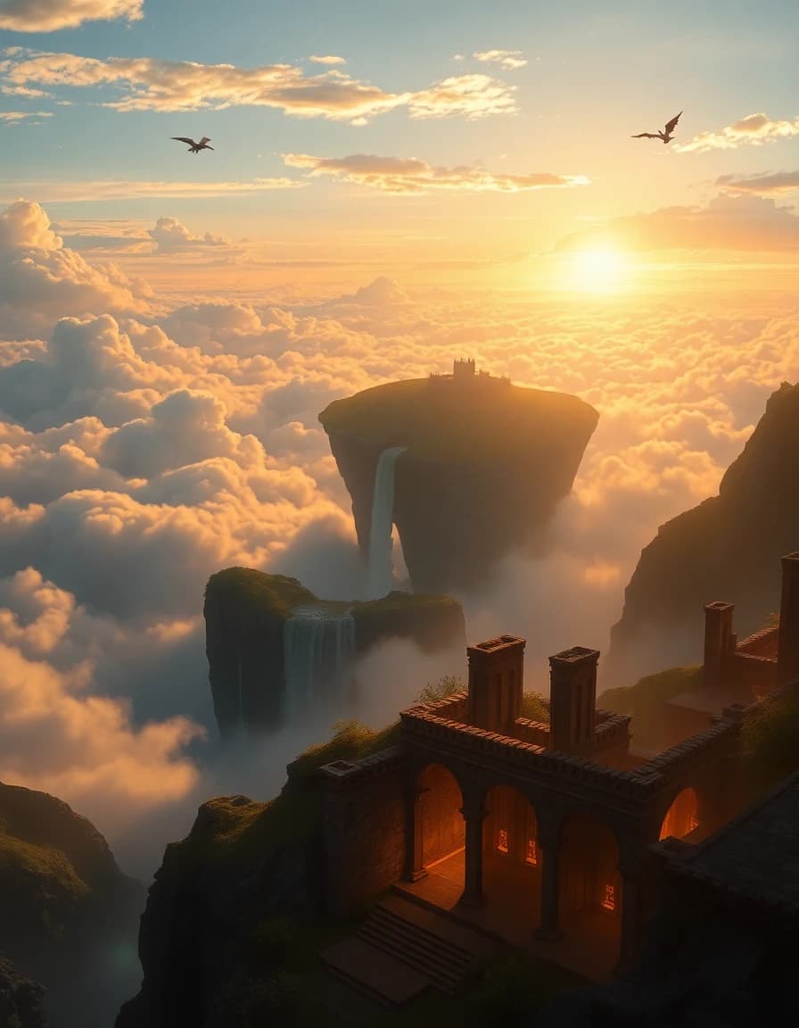 AI generated fantasy landscape with floating islands and ancient ruins - LUNA fantasy AI art generator