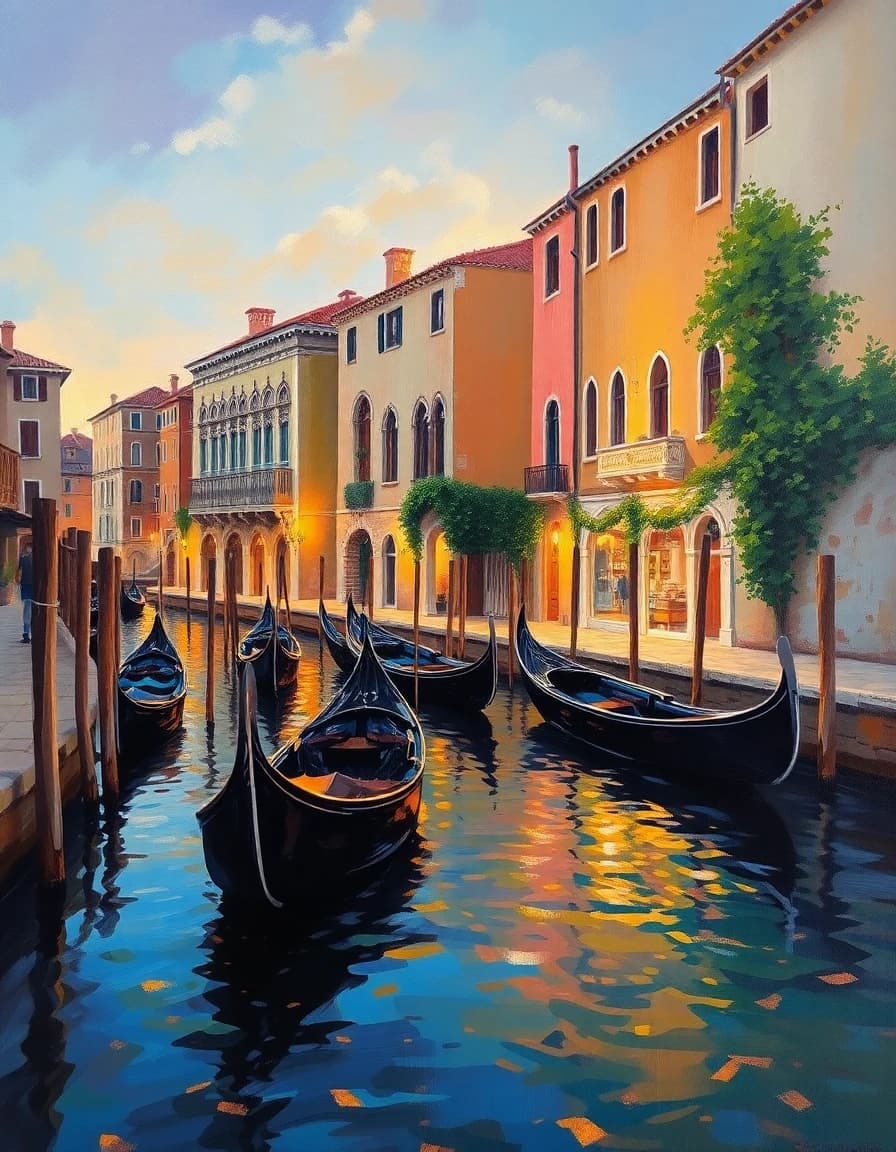 AI generated oil painting of venetian canal with gondolas at sunset - LUNA oil painting AI art maker