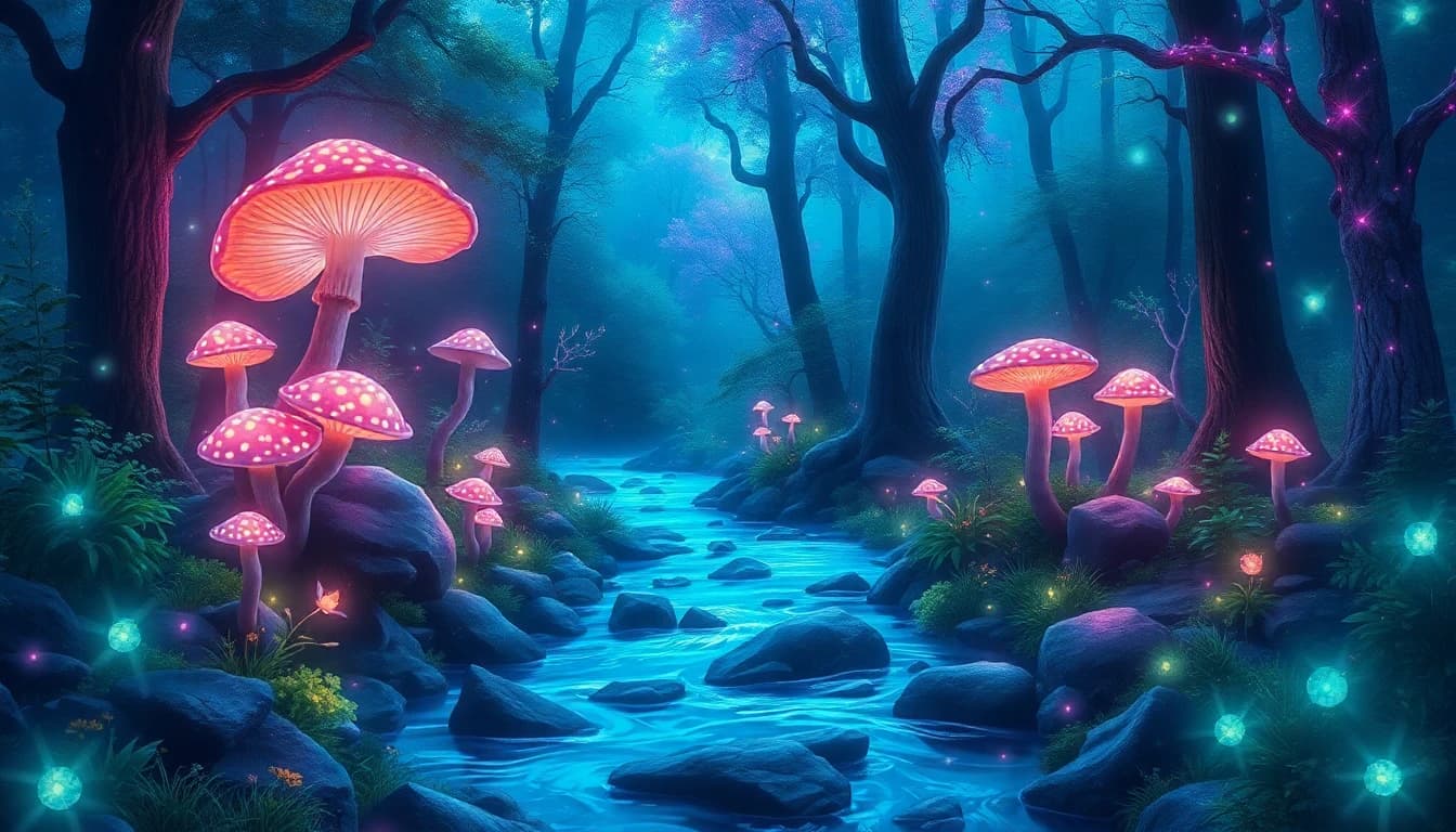 AI generated enchanted forest with bioluminescent mushrooms - created with LUNA text to image AI art generator