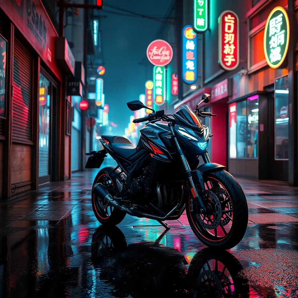 AI generated cyberpunk motorcycle in neon-lit rainy alley - cinematic digital art by LUNA AI art maker