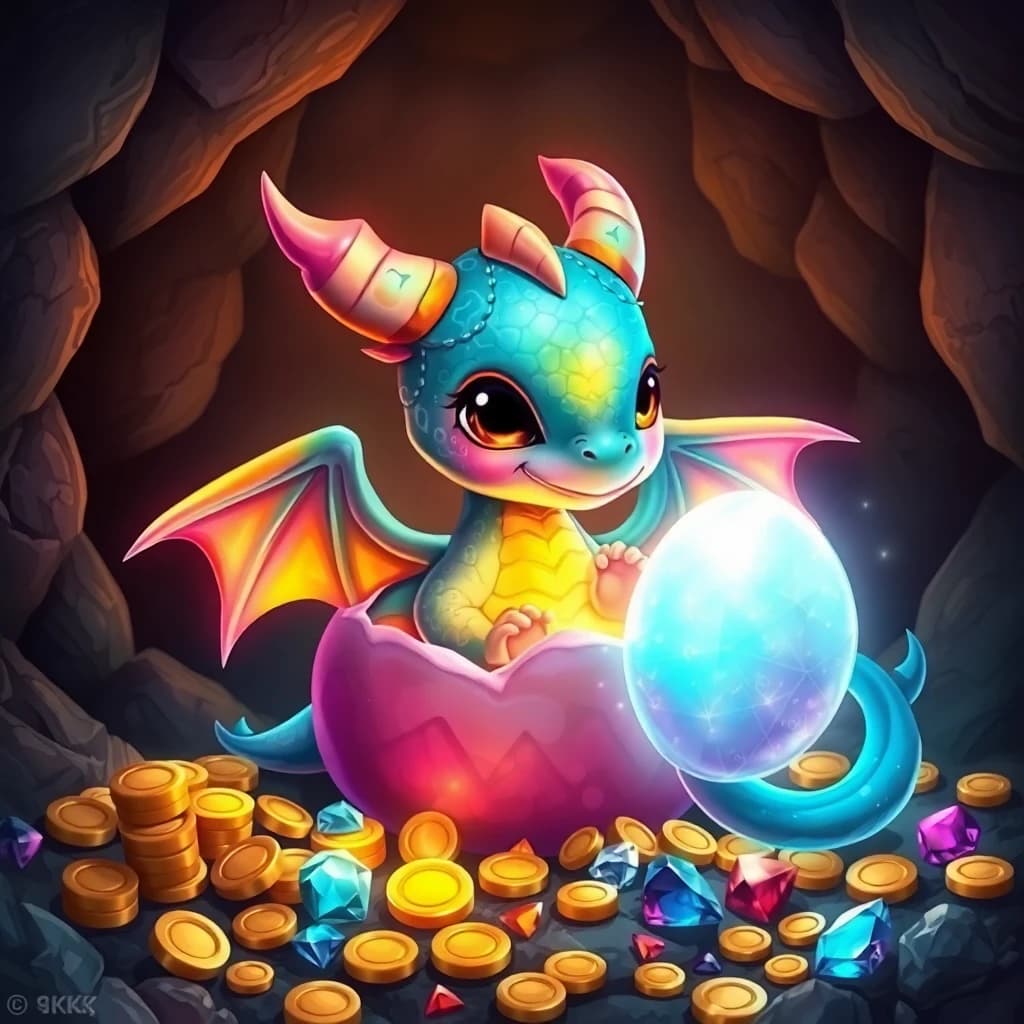 AI generated cute baby dragon hatching from crystal egg surrounded by treasure - fantasy character art by LUNA
