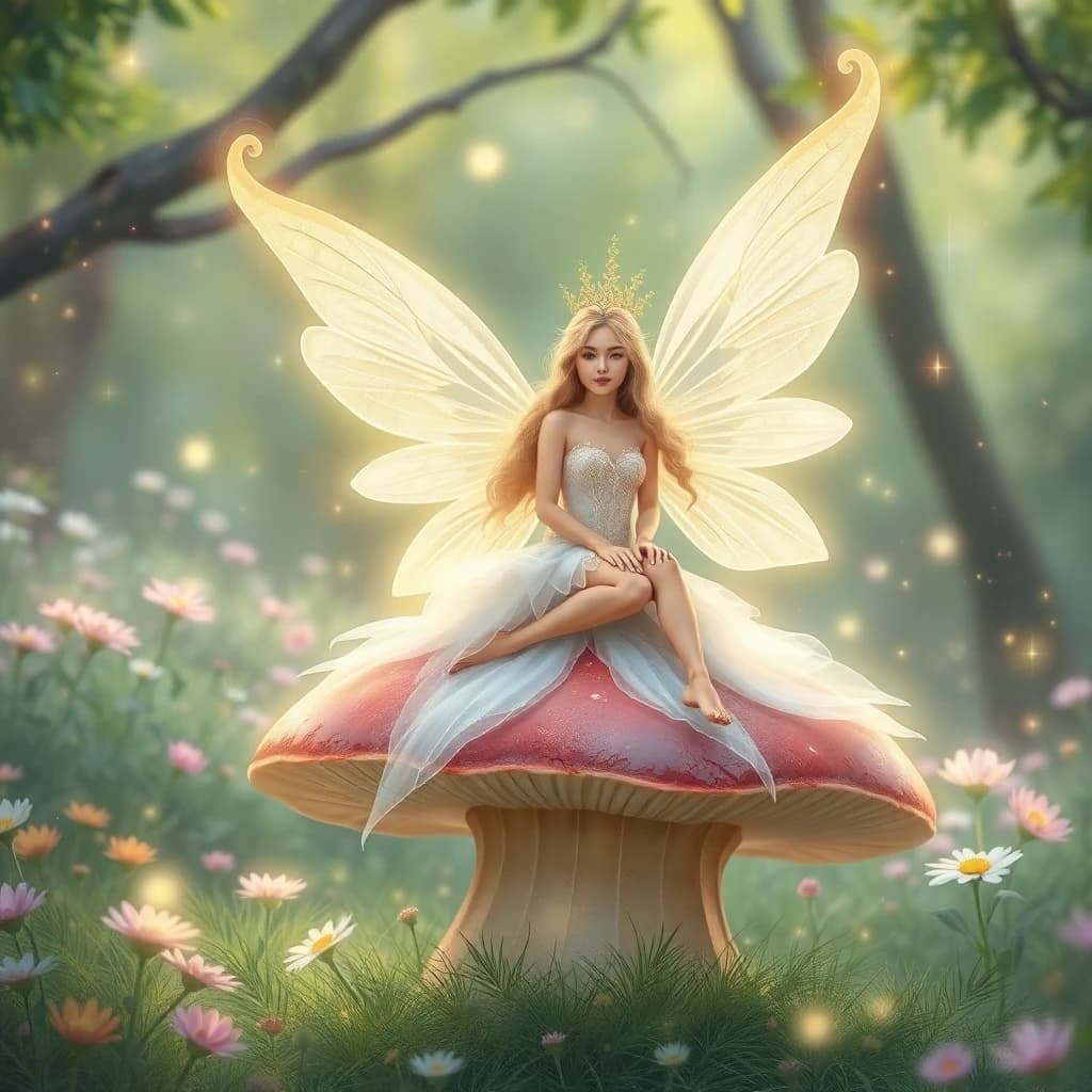 AI generated ethereal fairy queen sitting on mushroom in enchanted garden - fantasy art by LUNA