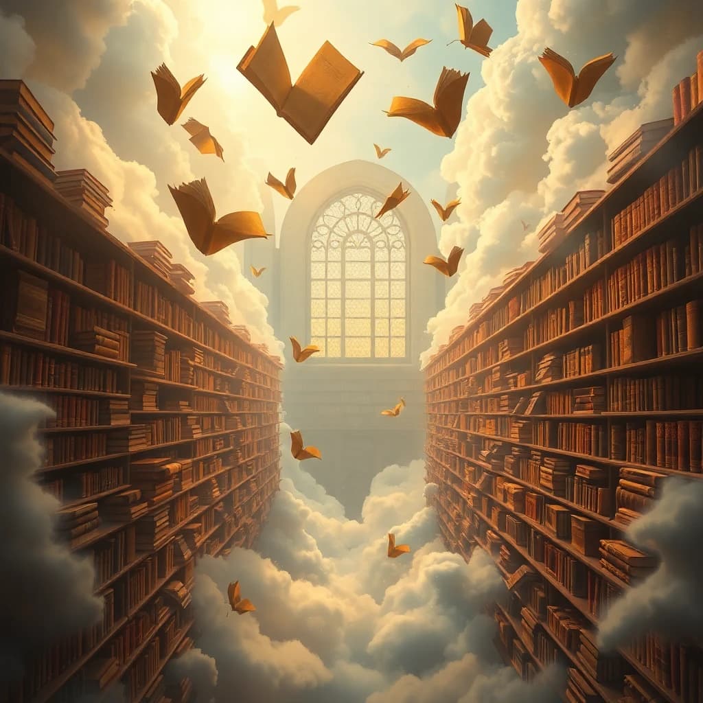 AI generated surreal floating library in the clouds with flying books - fantasy illustration by LUNA