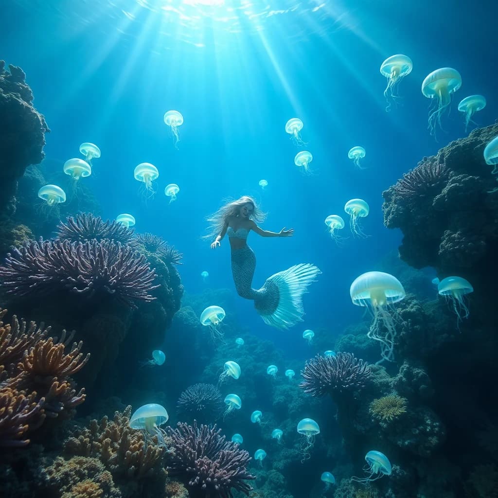 AI generated underwater mermaid scene with bioluminescent jellyfish and coral reef - fantasy art by LUNA