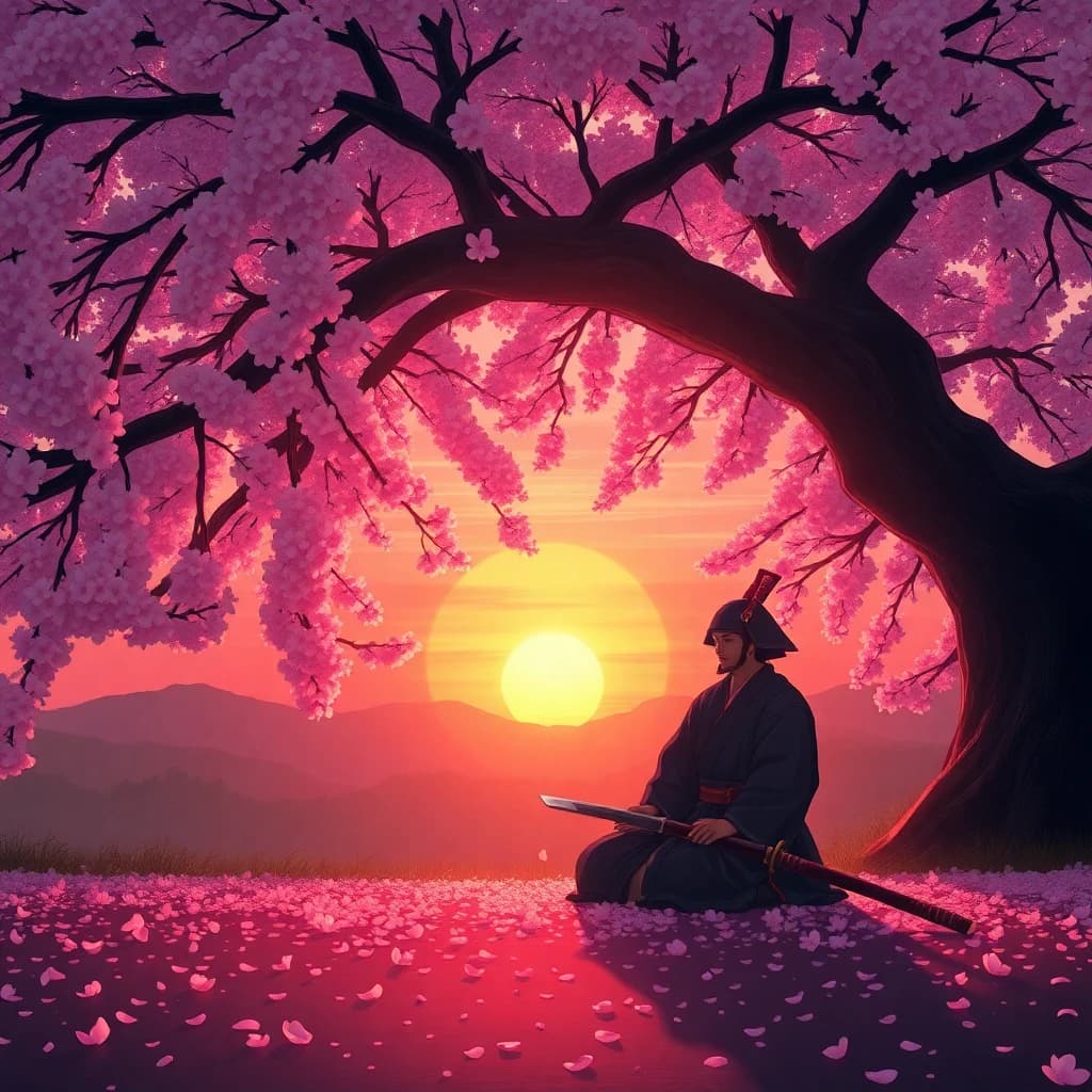 AI generated samurai meditating under cherry blossom tree at sunset - digital art by LUNA AI art generator