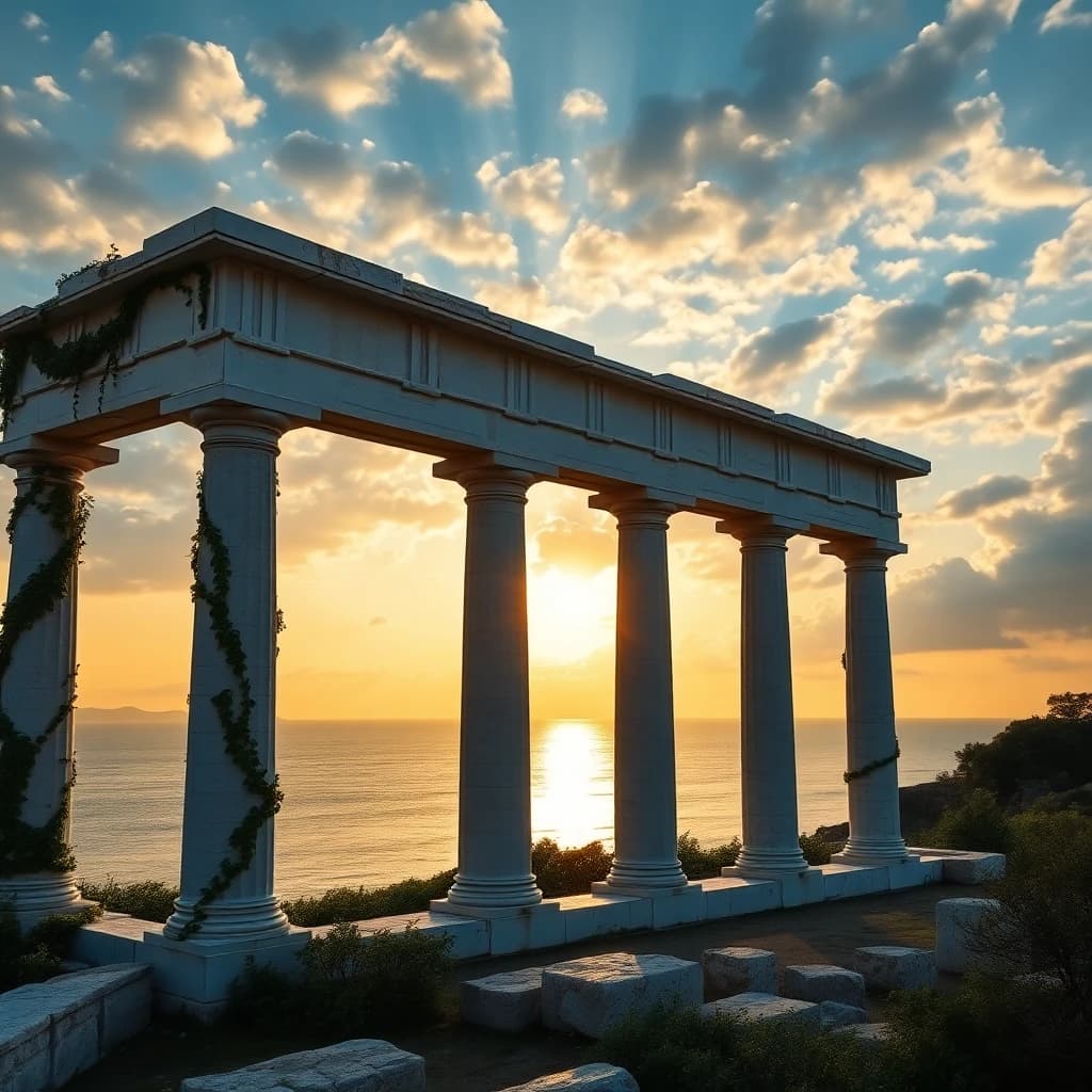AI generated ancient greek temple ruins at golden hour with Mediterranean sea - photorealistic landscape by LUNA