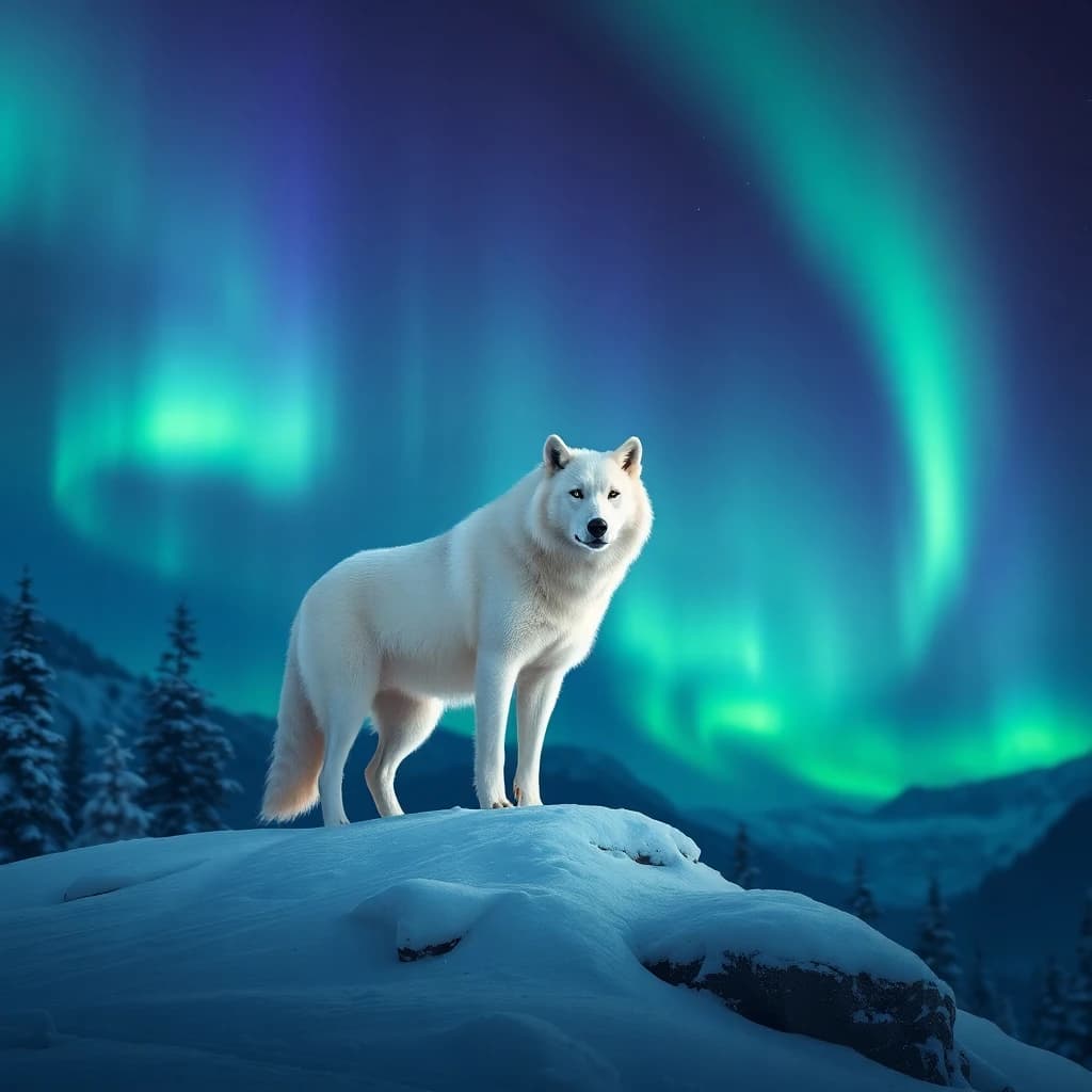 AI generated white arctic wolf under aurora borealis northern lights - photorealistic wildlife art by LUNA