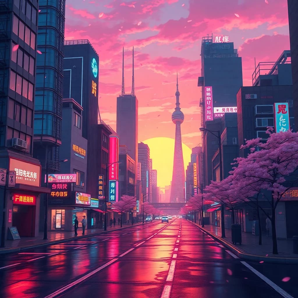 AI generated anime cityscape at sunset with neon lights and cherry blossoms - created with LUNA AI art generator