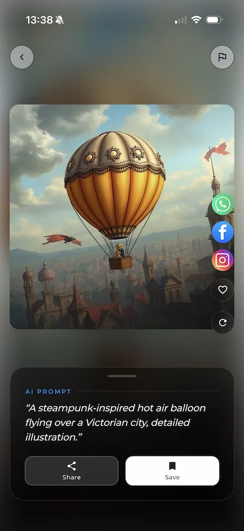LUNA AI Art Generator app showing AI-generated steampunk hot air balloon artwork with share and save options