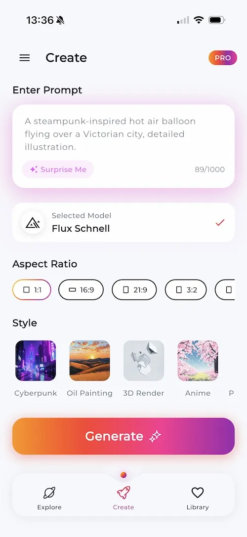LUNA AI Art Generator App - Text to image creation interface showing prompt input with Flux Schnell AI model, style options including Cyberpunk, Oil Painting, 3D Render, and Anime