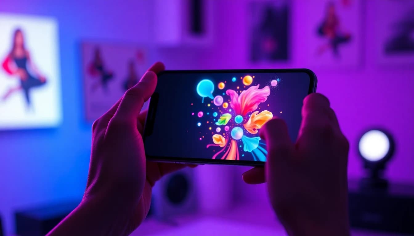 How to create AI art on your phone - hands holding smartphone with LUNA AI art generator app creating digital artwork