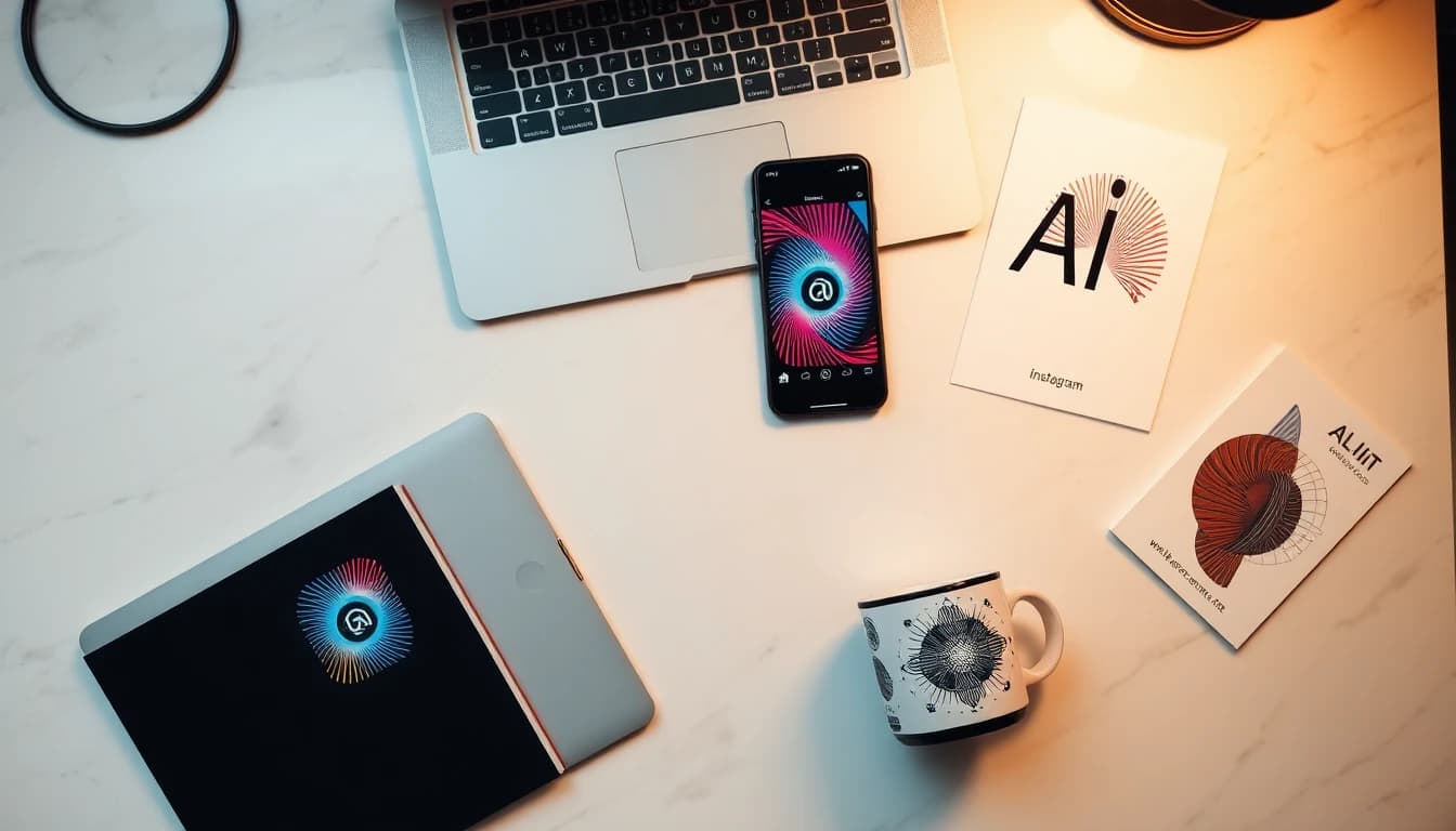 AI art use cases - phone with social media post, laptop with poster design, printed AI artwork on desk