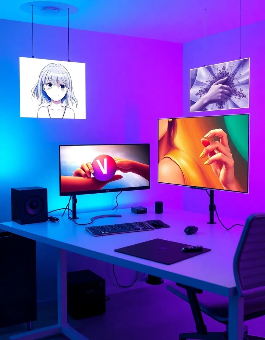 Creative workspace with holographic screens showing different AI art styles - LUNA AI art creator